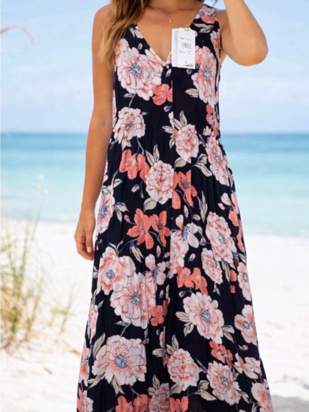 Roxy Black Floral High-Low Maxi Dress with Peach Blooms and black romper under. - Picture 5 of 8